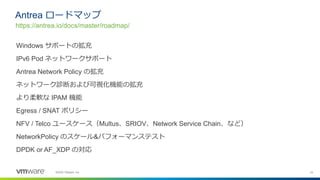 24©2020 VMware, Inc.
Windows サポートの拡充
IPv6 Pod ネットワークサポート
Antrea Network Policy の拡充
ネットワーク診断および可視化機能の拡充
より柔軟な IPAM 機能
Egress / SNAT ポリシー
NFV / Telco ユースケース（Multus、SRIOV、Network Service Chain、など）
NetworkPolicy のスケール&パフォーマンステスト
DPDK or AF_XDP の対応
Antrea ロードマップ
https://antrea.io/docs/master/roadmap/
 