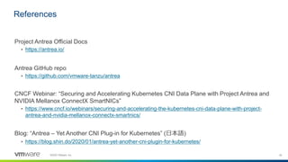 26©2020 VMware, Inc.
Project Antrea Official Docs
• https://antrea.io/
Antrea GitHub repo
• https://github.com/vmware-tanzu/antrea
CNCF Webinar: “Securing and Accelerating Kubernetes CNI Data Plane with Project Antrea and
NVIDIA Mellanox ConnectX SmartNICs”
• https://www.cncf.io/webinars/securing-and-accelerating-the-kubernetes-cni-data-plane-with-project-
antrea-and-nvidia-mellanox-connectx-smartnics/
Blog: “Antrea – Yet Another CNI Plug-in for Kubernetes” (日本語)
• https://blog.shin.do/2020/01/antrea-yet-another-cni-plugin-for-kubernetes/
References
 