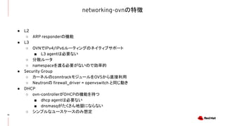 networking-ovnの特徴
19
● L2
○ ARP responderの機能
● L3
○ OVNでIPv4/IPv6ルーティングのネイティブサポート
■ L3 agentは必要ない
○ 分散ルータ
○ namespaceを渡る必要がないので効率的
● Security Group
○ カーネルのconntrackモジュールをOVSから直接利用
○ Neutronの ﬁrewall_driver = openvswitch と同じ動き
● DHCP
○ ovn-controllerがDHCPの機能を持つ
■ dhcp agentは必要ない
■ dnsmasqがたくさん地獄にならない
○ シンプルなユースケースのみ想定
 