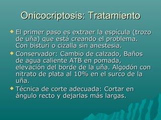 Onicocriptosis: TratamientoOnicocriptosis: Tratamiento
 El primer paso es extraer la espícula (trozoEl primer paso es extraer la espícula (trozo
de uña) que está creando el problema.de uña) que está creando el problema.
Con bisturi o cizalla sin anestesia.Con bisturi o cizalla sin anestesia.
 Conservador: Cambio de calzado, BañosConservador: Cambio de calzado, Baños
de agua caliente ATB en pomada,de agua caliente ATB en pomada,
elevación del borde de la uña. Algodón conelevación del borde de la uña. Algodón con
nitrato de plata al 10% en el surco de lanitrato de plata al 10% en el surco de la
uña.uña.
 Técnica de corte adecuada: Cortar enTécnica de corte adecuada: Cortar en
ángulo recto y dejarlas más largas.ángulo recto y dejarlas más largas.
 