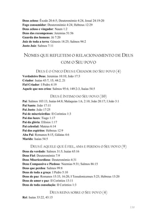 Deus zeloso: Êxodo 20:4-5; Deuteronómio 4:24, Josué 24:19-20
Fogo consumidor: Deuteronómio 4:24; Hebreus 12:29
Deus zeloso e vingador: Naum 1:2
Deus das recompensas: Jeremias 51:56
Guarda dos homens: Jó 7:20
Juiz de toda a terra: Génesis 18:25; Salmos 94:2
Justo Juiz: Salmos 7:11


 NOMES QUE REFLETEM O RELACIONAMENTO DE DEUS
                COM O SEU POVO

          DEUS É O ÚNICO DEUS E CRIADOR DO SEU POVO (4)
Verdadeiro Deus: Jeremias 10:10; João 17:3
Criador: Isaías 43:7, 15; 44:2, 21
Fiel Criador: I Pedro 4:19
Aquele que nos criou: Salmos 95:6; 149:2-3, Isaías 54:5

                      DEUS É ÍNTIMO DO SEU POVO (10)
Pai: Salmos 103:13, Isaías 64:8; Malaquias 1:6, 2:10; João 20:17; I João 3:1
Pai Santo: João 17:11
Pai Justo: João 17:25
Pai de misericórdias: II Coríntios 1:3
Pai das luzes: Tiago 1:17
Pai da glória: Efésios 1:17
Pai celestial: Mateus 6:14
Pai dos espíritos: Hebreus 12:9
Aba Pai: Romanos 8:15, Gálatas 4:6
Marido: Isaías 54:5

      DEUS É AQUELE QUE É FIEL, AMA E PERDOA O SEU POVO (9)
Deus da verdade: Salmos 31:5; Isaías 65:16
Deus Fiel: Deuteronómio 7:9
Deus Misericordioso: Deuteronómio 4:31
Deus Compassivo e Piedoso: Neemias 9:31; Salmos 86:15
Deus que perdoa: Salmos 99:8
Deus de toda a graça: I Pedro 5:10
Deus de paz: Romanos 15:33, 16:20, I Tessalonicenses 5:23, Hebreus 13:20
Deus de amor e paz: II Coríntios 13:11
Deus de toda consolação: II Coríntios 1:3

                     DEUS REINA SOBRE O SEU POVO (4)
Rei: Isaías 33:22, 43:15


                                                                               158
 