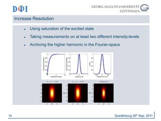 10 
Increase Resolution 
 Using saturation of the excited state 
 Taking measurements on at least two different intensity-levels 
 Archiving the higher harmonic in the Fourier-space 
Quedlinburg 26th Sep. 2011 
 