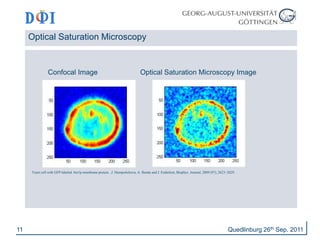 11 
Optical Saturation Microscopy 
Confocal Image Optical Saturation Microscopy Image 
Yeast cell with GFP-labeled Ato1p membrane protein ,J. Humpolickova, A. Benda and J. Enderlein, Biophys. Journal, 2009 (97), 2623–2629. 
Quedlinburg 26th Sep. 2011 
 