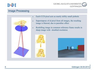 8 
Image Processing 
 Each CCD pixel acts as nearly infitly small pinhole 
 Superimpose of al pixel from all images, the resulting 
image is blurred, due to parrallax effect 
 Reshifting image in common reference frame results in 
sharp image with ~doubled resolution 
Göttingen 30.05.2013 
 
