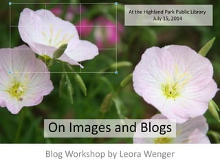 On Images and Blogs
Blog Workshop by Leora Wenger
At the Highland Park Public Library
July 15, 2014
 