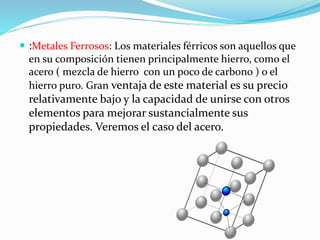  :Metales Ferrosos: Los materiales férricos son aquellos que
en su composición tienen principalmente hierro, como el
acero ( mezcla de hierro con un poco de carbono ) o el
hierro puro. Gran ventaja de este material es su precio
relativamente bajo y la capacidad de unirse con otros
elementos para mejorar sustancialmente sus
propiedades. Veremos el caso del acero.
 