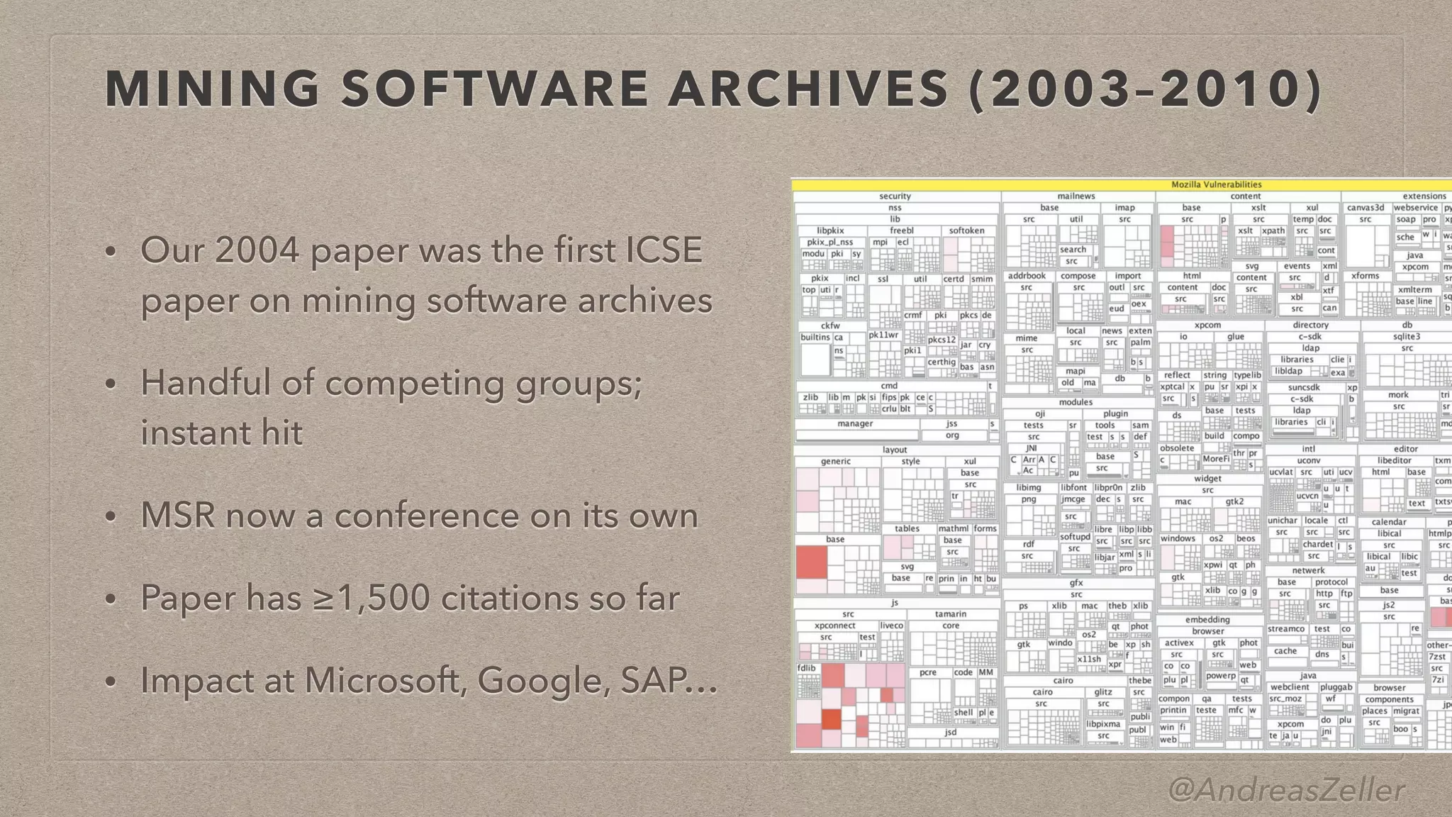 @AndreasZeller
MINING SOFTWARE ARCHIVES (2003–2010)
• Our 2004 paper was the
fi
rst ICSE
paper on mining software archives


• Handful of competing groups;
 
instant hit


• MSR now a conference on its own


• Paper has ≥1,500 citations so far


• Impact at Microsoft, Google, SAP…
 