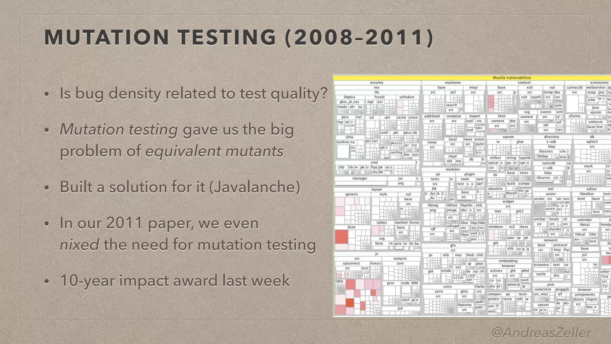 @AndreasZeller
MUTATION TESTING (2008–2011)
• Is bug density related to test quality?


• Mutation testing gave us the big
problem of equivalent mutants


• Built a solution for it (Javalanche)


• In our 2011 paper, we even
 
nixed the need for mutation testing


• 10-year impact award last week
 