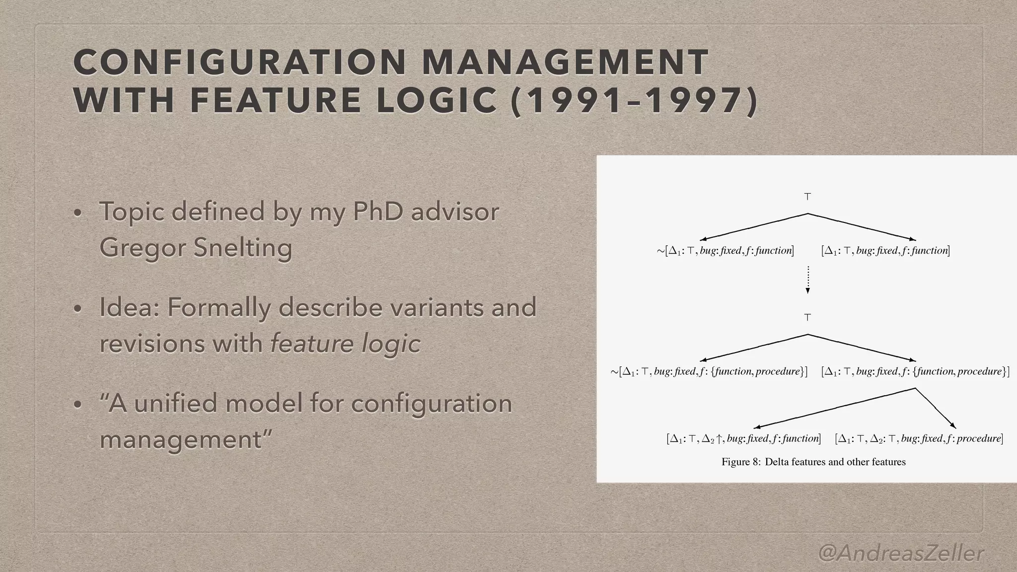 @AndreasZeller
CONFIGURATION MANAGEMENT
 
WITH FEATURE LOGIC (1991–1997)
• Topic de
fi
ned by my PhD advisor
Gregor Snelting


• Idea: Formally describe variants and
revisions with feature logic


• “A uni
fi
ed model for con
fi
guration
management”
3.3 Combining Delta Features and other Features
.
.
.
.
.
.
.
.
.
.
bug fixed f function
bug fixed f function
bug fixed f function procedure
bug fixed f function procedure
bug fixed f function bug fixed f procedure
Figure 8: Delta features and other features
. This is only natural, since the change relies on the presence of the
change. Adding a new revision under implies that the revision is now tagged w
, so that the generalization property is not violated. Indeed,
.
 