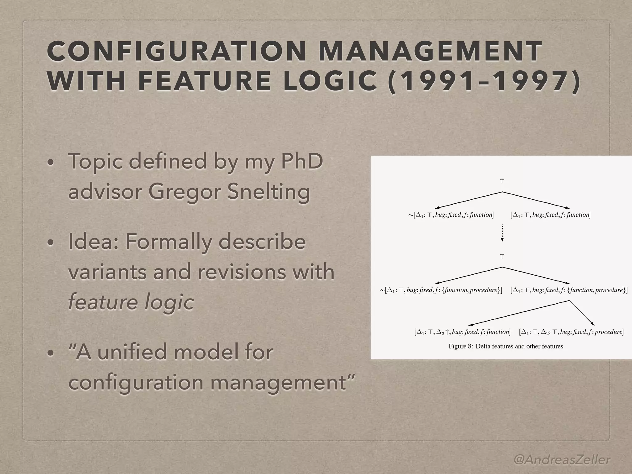 @AndreasZeller
CONFIGURATION MANAGEMENT 
WITH FEATURE LOGIC (1991–1997)
• Topic deﬁned by my PhD
advisor Gregor Snelting
• Idea: Formally describe
variants and revisions with
feature logic
• “A uniﬁed model for
conﬁguration management”
3.3 Combining Delta Features and other Features
..........
bug ﬁxed f functionbug ﬁxed f function
bug ﬁxed f function procedurebug ﬁxed f function procedure
bug ﬁxed f function bug ﬁxed f procedure
Figure 8: Delta features and other features
. This is only natural, since the change relies on the presence of the
change. Adding a new revision under implies that the revision is now tagged w
, so that the generalization property is not violated. Indeed,
.
3.3 Combining Delta Features and other Features
Besides all the delta features, other features are still allowed (and encouraged). Until now, we l
them out for clarity. However, there is no difference between the handling of delta features and oth
features, as is shown in the following example.
Example 3.3 Consider ﬁgure 8. Here, we have ﬁgure 6 revisited, but enhanced with more featur
We assume that the change named ﬁxes a bug and introduces a new symbol f, which is a functio
 