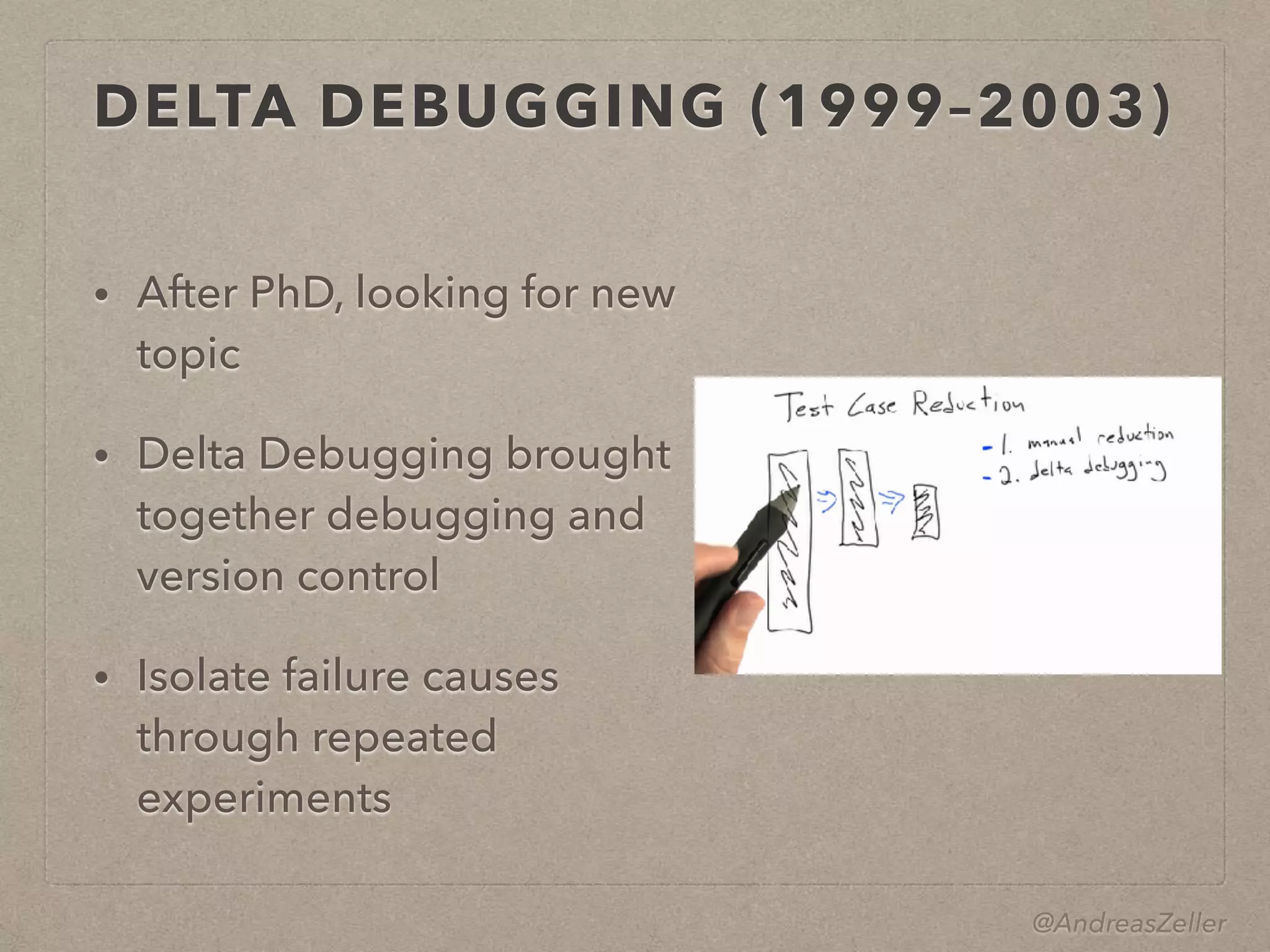 @AndreasZeller
DELTA DEBUGGING (1999–2003)
• After PhD, looking for new
topic
• Delta Debugging brought
together debugging and
version control
• Isolate failure causes
through repeated
experiments
 