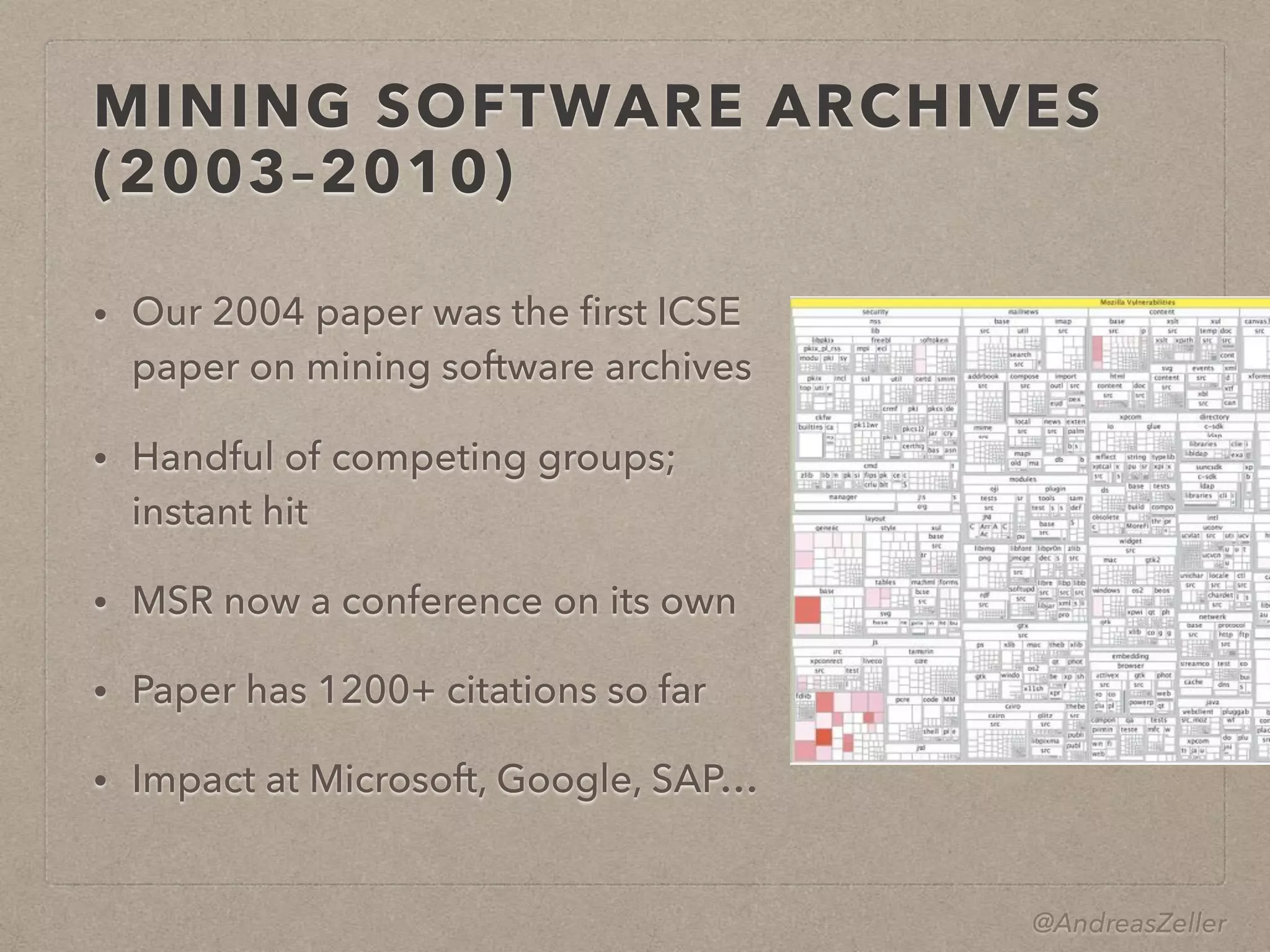 @AndreasZeller
MINING SOFTWARE ARCHIVES
(2003–2010)
• Our 2004 paper was the ﬁrst ICSE
paper on mining software archives
• Handful of competing groups; 
instant hit
• MSR now a conference on its own
• Paper has 1200+ citations so far
• Impact at Microsoft, Google, SAP…
 