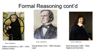 Formal Reasoning cont’d
William of Ockham (c. 1287 – 1347):
Ockham’s Razor
Source: wikipedia.org
René Descartes (1596 – 1650):
Algebra and Geometry
George Boole (1815 – 1864): Boolean
Logic
Source: wikipedia.org Source: wikipedia.org
 
