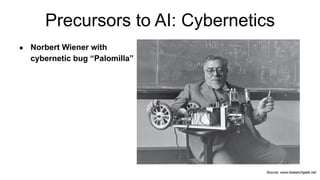 Precursors to AI: Cybernetics
● Norbert Wiener with
cybernetic bug “Palomilla”
Source: www.researchgate.net
 