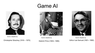 Game AI
Source: wikipedia.org
Arthur Lee Samuel (1901– 1990)
Christopher Strachey (1916 – 1975) Dietrich Prinz (1903– 1989)
Source: wikipedia.org
Source: wikipedia.org
 