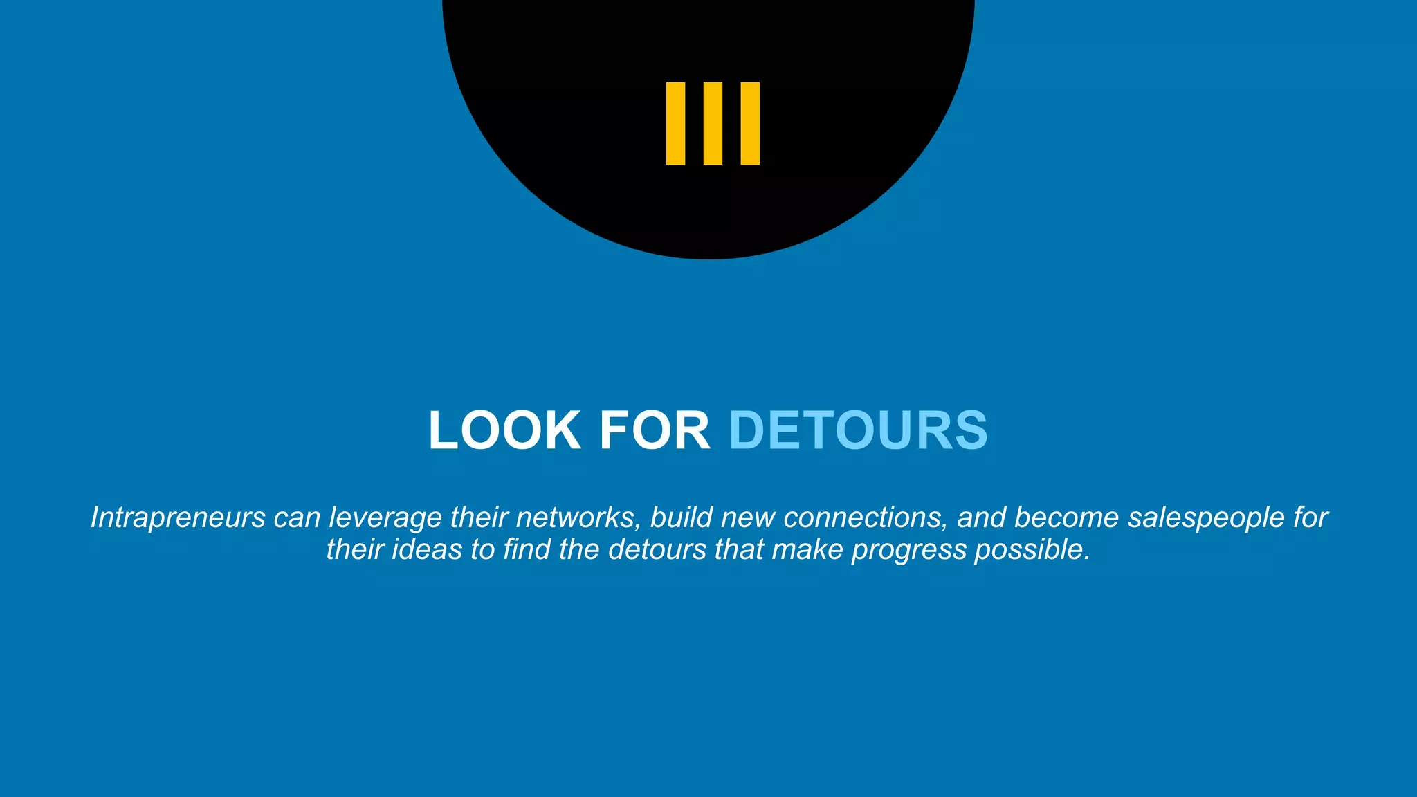 DETOURS
Intrapreneurs can leverage their networks, build new connections, and become salespeople for
their ideas to find the detours that make progress possible.
III
 