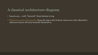 A classical architecture-diagram
• Layers are… well, “layered”, from bottom to top
• References point downwards, from the top to the bottom, layers are only allowed to
reference layers directly beneath themselves.
 