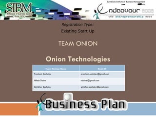TEAM ONION Registration Type: Existing Start Up Onion Technologies Team Member Name Email ID Prashant Sachdev [email_address] Nilesh Daine [email_address] Giridhar Sachdev [email_address] 