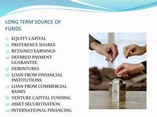 LONG TERM SOURCE OF
FUNDS
1) EQUITY CAPITAL
2) PREFERENCE SHARES
3) RETAINED EARNINGS
4) DEFRRED PAYMENT
GUARANTEE
5) DEBENTURES
6) LOAN FROM FINIANCIAL
INSTITUTIONS
7) LOAN FROM COMMERCIAL
BANKS
8) VENTURE CAPITAL FUNDING
9) ASSET SECURITISATION
10) INTERNATIONAL FINANCING
 