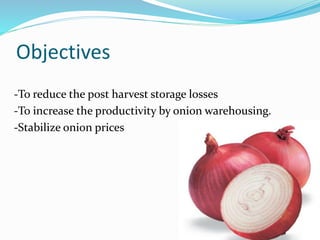 Objectives
-To reduce the post harvest storage losses
-To increase the productivity by onion warehousing.
-Stabilize onion prices
 