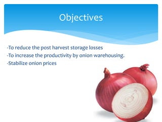 -To reduce the post harvest storage losses
-To increase the productivity by onion warehousing.
-Stabilize onion prices
Objectives
 