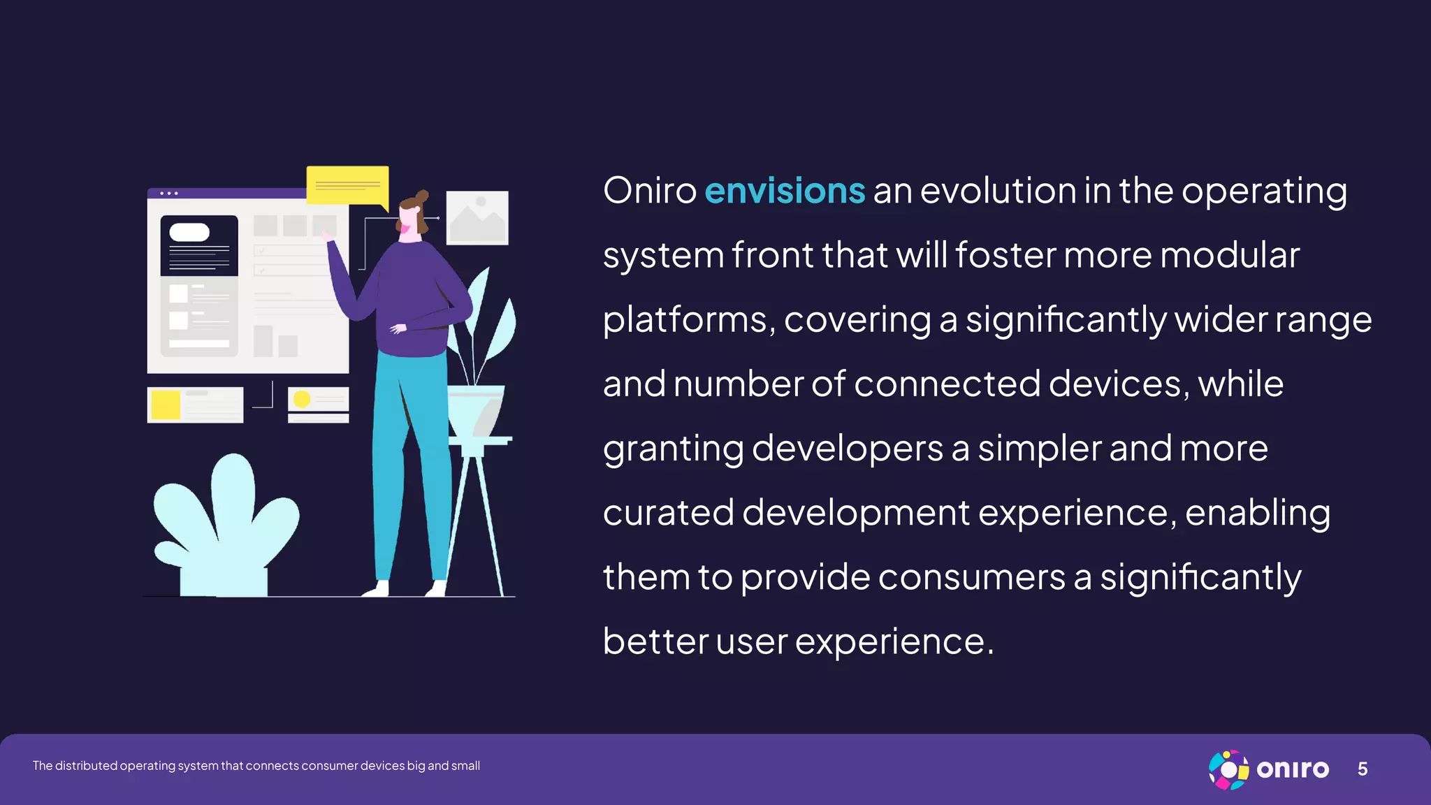 Oniro envisions an evolution in the operating
system front that will foster more modular
platforms, covering a significantly wider range
and number of connected devices, while
granting developers a simpler and more
curated development experience, enabling
them to provide consumers a significantly
better user experience.
5
The distributed operating system that connects consumer devices big and small
 