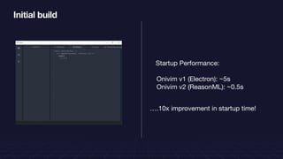 Initial build
Onivim v1 (Electron): ~5s

Onivim v2 (ReasonML): ~0.5s
Startup Performance:
….10x improvement in startup time!
 