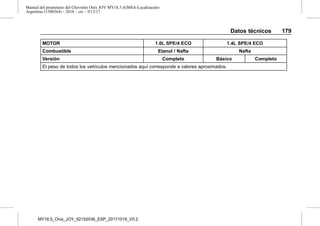 Manual del propietario del Chevrolet Onix JOY MY18.5 (GMSA-Localización-
Argentina-11506564) - 2018 - crc - 9/12/17
Datos técnicos 179
MOTOR 1.0L SPE/4 ECO 1.4L SPE/4 ECO
Combustible Etanol / Nafta Nafta
Versión Completo Básico Completo
El peso de todos los vehículos mencionados aquí corresponde a valores aproximados.
MY18,5_Onix_JOY_52152036_ESP_20171019_V0.2
 