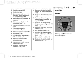 Manual del propietario del Chevrolet Onix JOY MY18.5 (GMSA-Localización-
Argentina-11506564) - 2018 - crc - 9/12/17
Instrumentos y controles 57
1. Luz intermitente 0 64
2. Tacómetro 0 63
3. Luz del sistema de control de
la presión de los neumáticos
(si está equipado) 0 68
4. Recordatorios de cinturones de
seguridad 0 64
5. Indicador de advertencia de
combustible bajo 0 69
6. Indicador de luz alta encendida
0 69
7. Recordatorio de luces
encendidas 0 70
8. Indicador de combustible 0 63
9. Velocímetro 0 62
10. Luz de cambio ascendente (si
está equipado) 0 67
11. Indicador del manual del
propietario 0 66
12. Indicador de revisión urgente
del vehículo 0 66
13. Centro de información del
conductor (DIC) 0 70
14. Indicador de advertencia del
sistema de frenos y embrague
0 66
15. Indicador del sistema de carga
0 65
16. Indicador de los airbags y
pretensores de cinturones de
seguridad 0 65
17. Indicador de advertencia de
temperatura del refrigerante del
motor 0 67
18. Indicador de presión de aceite
del motor 0 68
19. Luz de inmovilizador 0 69
20. Indicador de advertencia del
sistema antibloqueo de frenos
(ABS) 0 66
21. Luz indicadora de falla 0 65
22. Indicador de advertencia de la
servodirección 0 67
Mandos
Bocina
Pulse el punto a situado en el
centro del volante.
MY18,5_Onix_JOY_52152036_ESP_20171019_V0.2
 