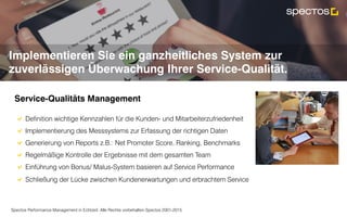 Spectos Performance Management in Echtzeit. Alle Rechte vorbehalten Spectos 2001-2015
Implementieren Sie ein ganzheitliches System zur
zuverlässigen Überwachung Ihrer Service-Qualität.
Service-Qualitäts Management	
!  Definition wichtige Kennzahlen für die Kunden- und Mitarbeiterzufriedenheit
!  Implementierung des Messsystems zur Erfassung der richtigen Daten
!  Generierung von Reports z.B.: Net Promoter Score, Ranking, Benchmarks
!  Regelmäßige Kontrolle der Ergebnisse mit dem gesamten Team
!  Einführung von Bonus/ Malus-System basieren auf Service Performance
!  Schließung der Lücke zwischen Kundenerwartungen und erbrachtem Service	
 