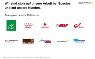 Spectos Performance Management in Echtzeit. Alle Rechte vorbehalten Spectos 2001-2015
Wir sind stolz auf unsere Arbeit bei Spectos
und auf unsere Kunden.
Auszug aus unseren Referenzen
 