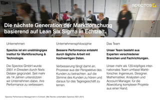 Spectos Performance Management in Echtzeit. Alle Rechte vorbehalten Spectos 2001-2015
Die nächste Generation der Marktforschung
basierend auf Lean Six Sigma in Echtzeit.
Unternehmen
Spectos ist ein unabhängiges
Institut für Marktforschung &
Technologie.
Die Spectos GmbH wurde
2001 in Dresden durch Niels
Delater gegründet. Seit mehr
als 14 Jahren unterstützen
wir Unternehmen dabei, ihre
Performance zu verbessern.
Unternehmensphilosophie
Bessere Performance entsteht
durch tägliche Arbeit mit
hochwertigen Daten.
Verbesserung fängt damit an,
Prozesse aus der Perspektive des
Kunden zu betrachten, auf die
Stimme des Kunden zu hören und
daraus für das Tagesgeschäft zu
lernen.
Das Team
Unser Team besteht aus
Experten verschiedener
Branchen und Fachrichtungen.
Unser mehr als 120-köpfiges inter-
nationales Team umfasst Markt-
forscher, Ingenieure, Designer,
Mathematiker, Analysten und
Account Manager, für die
Abwicklung komplexer Projekte
aus einer Hand.
 