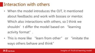 Interaction with others
• When the model introduces the OJT, it mentioned
about feedbacks and work with bosses or mentor.
Which also interactions with others, so I think we
shouldn’t differ the model based on “learning
activity format”.
• This is more like “learn from other” or “imitate the
ways others behave and think”
Insights of 70:20:10 learning model
 