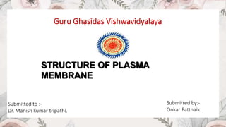 Guru Ghasidas Vishwavidyalaya
Submitted to :-
Dr. Manish kumar tripathi.
Submitted by:-
Onkar Pattnaik
STRUCTURE OF PLASMA
MEMBRANE
 