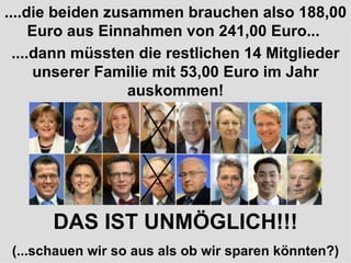 ....die beiden zusammen brauchen also 188,00 Euro aus Einnahmen von 241,00 Euro...  ....dann müssten die restlichen 14 Mitglieder unserer Familie mit 53,00 Euro im Jahr auskommen! DAS IST UNMÖGLICH!!! (...schauen wir so aus als ob wir sparen könnten?) 