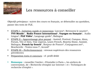 Les ressources à conseiller 
Objectifs principaux : suivre des cours en français, se débrouiller au quotidien, 
passer des tests de FLE. 
• ETAPE I - Initiation rapide et immersion: Loecsen*, Retrouvez le sourire*, 
TV5 Monde*, Radio France International*, Voyages en français*, Audio 
Lingua*, FLE Vidéo*, Language guide*, Balingua 
• ETAPE II – Apprentissage plus poussé : Assimil, Festival, Campus, Alors, 
Forum, Vite et bien, Voie express, Learn French, Rosetta Stone, Assimil, 
Balingua, French by french*, Bonjour de France*, Conjuguons.net*, 
Bescherelle : Testez-vous !*, Accord* 
• ETAPE III – Perfectionnement : niveaux supérieurs des ressources 
précédentes 
• Préparation tests et concours : cf. profil dédié 
• Remarque : conseiller l’atelier « S’installer à Paris », les ateliers de 
conversation, de « Recherche d’emploi sur Internet » et « Techniques de 
recherche d’emploi ». 
 