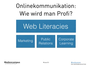 Onlinekommunikation: 
Wie wird man Profi? 
Web Literacies 
Marketing Public 
Relations 
#cosca14 
Corporate 
Learning 
 