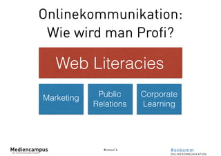 Onlinekommunikation: 
Wie wird man Profi? 
Web Literacies 
Marketing Public 
Relations 
#cosca14 
Corporate 
Learning 
 