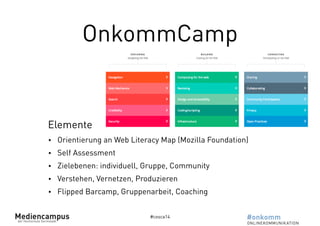 OnkommCamp 
Elemente 
• Orientierung an Web Literacy Map (Mozilla Foundation) 
• Self Assessment 
• Zielebenen: individuell, Gruppe, Community 
• Verstehen, Vernetzen, Produzieren 
• Flipped Barcamp, Gruppenarbeit, Coaching 
#cosca14 
 