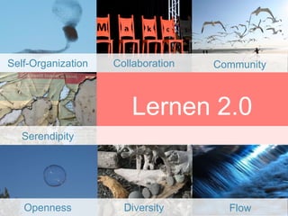 Self-Organization Collaboration Community 
Lernen 2.0 
Flow 
Serendipity 
Openness Diversity 
 