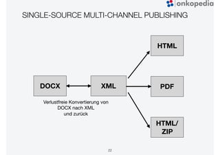 SINGLE-SOURCE MULTI-CHANNEL PUBLISHING
22
DOCX XML
HTML
PDF
HTML/ 
ZIP
Verlustfreie Konvertierung von
DOCX nach XML 

und zurück
 