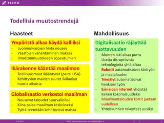 Todellisia muutostrendejä
4.6.2014 TIEKE Tietoyhteiskunnan kehittämiskeskus ry 3
Digitalisaatio räjäyttää
tuottavuuden
- Mooren laki alkaa purra
- Useita disruptiivisia
teknologioita yhtä aikaa
- Robotit automatisoivat käsityön
ja maatalouden
- Tekoälyt automatisoivat
henkisen työn
- Esineiden Internet yhdistää
kaiken kokonaisuudeksi
- Maailmantalouden kortit jaetaan
uudelleen
- Yhteiskuntien rakenteet uusiksi
Ikärakenne kääntää maailman
- Teollisuusmaat ikääntyvät (paitsi USA)
- Kehittyvien maiden suuret ikäluokat
nuoria aikuisia
Globalisaatio verkostoi maailman
- Nousevat taloudet suurvalloiksi
- Kiina palaa maailman keskukseksi
- Työtä teetetään kehittyvissä maissa
Ympäristö alkaa käydä kalliiksi
- Luonnonvarojen hinta nousee
- Päästöjen vähentäminen maksaa
- Ilmastonmuutokseen sopeutumien
Haasteet Mahdollisuus
 