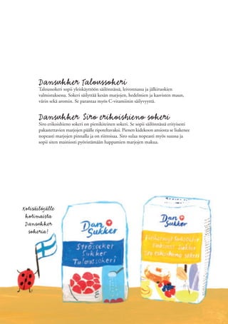 Dansukker Taloussokeri
       Taloussokeri sopii yleiskäyttöön säilönnässä, leivonnassa ja jälkiruokien
       valmistuksessa. Sokeri säilyttää kesän marjojen, hedelmien ja kasvisten maun,
       värin sekä aromin. Se parantaa myös C-vitamiinin säilyvyyttä.


       Dansukker iro erikoishieno sokeri
       Siro erikoishieno sokeri on pienikiteinen sokeri. Se sopii säilönnässä erityisesti
       pakastettavien marjojen päälle ripoteltavaksi. Pienen kidekoon ansiosta se liukenee
       nopeasti marjojen pinnalla ja on riittoisaa. Siro sulaa nopeasti myös suussa ja
       sopii siten mainiosti pyöristämään happamien marjojen makua.




Kotisäilöjälle
 kotimaista
 Dansukker
  sokeria!
 