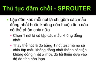  Lặp đến khi: mỗi nút lá chỉ gồm các mẫu
đồng nhất hoặc không còn thuộc tính nào
có thể phân chia nữa
12/9/2009 28
 Chọn 1 nút lá có tập các mẫu không đồng
nhất
 Thay thế nút lá đó bằng 1 nút test mà nó sẽ
chia tập mẫu không đồng nhất thành các tập
không đồng nhất ở mức độ tối thiểu dựa vào
độ đo tính hỗn loạn
 
