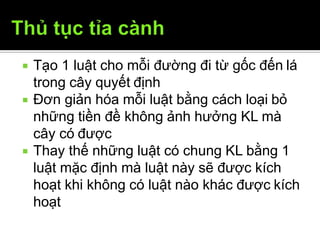  Tạo 1 luật cho mỗi đường đi từ gốc đến lá
trong cây quyết định
 Đơn giản hóa mỗi luật bằng cách loại bỏ
những tiền đề không ảnh hưởng KL mà
cây có được
 Thay thế những luật có chung KL bằng 1
luật mặc định mà luật này sẽ được kích
hoạt khi không có luật nào khác được kích
hoạt
12/9/2009 33
 