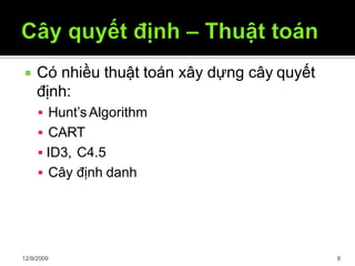  Có nhiều thuật toán xây dựng cây quyết
định:
12/9/2009 8
 Hunt’sAlgorithm
 CART
 ID3, C4.5
 Cây định danh
 