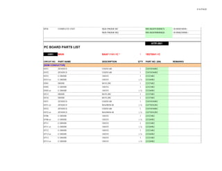 4/16 PAGE
SP36 COMPLETE UNIT SKB-590(B)R MC 00S-SKB591RBMCS <B MDD/MDS>
SKB-590(B)R MQ 00S-SKB590RBMQS <B MMQ/MMK>
HTP-591
PC BOARD PARTS LIST
U001 MAIN BAAF-1141-1C * 1 1B276541-1C
CIRCUIT NO. PART NAME DESCRIPTION Q'TY PART NO. (SN) REMARKS
[SEMI CONDUCTOR]
D351 ZENER D UDZS3.6B 1 224550360R2
D352 ZENER D UDZS3.6B 1 224550360R2
D353 C-DIODE 1SS352 1 223234R2
D353 or C-DIODE 1SS355 ( 1) 223269R2
D501 DIODE M1FL20U 1 223276R2
D502 C-DIODE 1SS352 1 223234R2
D502 or C-DIODE 1SS355 ( 1) 223269R2
D515 DIODE M1FL20U 1 223276R2
D516 DIODE M1FL20U 1 223276R2
D551 ZENER D UDZS5.6B 1 224550560R2
D551 or ZENER D MAZ8056-M ( 1) 224750562R2
D552 ZENER D UDZS5.6B 1 224550560R2
D552 or ZENER D MAZ8056-M ( 1) 224750562R2
D706 C-DIODE 1SS352 1 223234R2
D706 or C-DIODE 1SS355 ( 1) 223269R2
D711 C-DIODE 1SS352 1 223234R2
D711 or C-DIODE 1SS355 ( 1) 223269R2
D712 C-DIODE 1SS352 1 223234R2
D712 or C-DIODE 1SS355 ( 1) 223269R2
D713 C-DIODE 1SS352 1 223234R2
D713 or C-DIODE 1SS355 ( 1) 223269R2
 