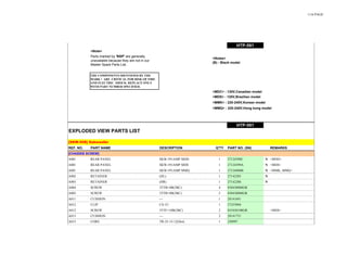 1/16 PAGE
HTP-591
<Note>
Parts marked by "NSP" are generally
unavailable because they are not in our
Master Spare Parts List.
THE COMPONENTS IDENTIFIED BY THE
MARK ! ARE CRITICAL FOR RISK OF FIRE
AND ELECTRIC SHOCK. REPLACE ONLY
WITH PART NUMBER SPECIFIED.
<MDC> : 120V,Canadian model
<MDS> : 120V,Brazilian model
<MMK> : 220-240V,Korean model
<MMQ> : 220-240V,Hong kong model
HTP-591
EXPLODED VIEW PARTS LIST
[SKW-558] Subwoofer
REF. NO. PART NAME DESCRIPTION Q'TY PART NO. (SN) REMARKS
[CHASSIS SCREW]
A001 REAR PANEL SKW-591AMP MDD 1 27124398C N <MDD>
A001 REAR PANEL SKW-591AMP MDS 1 27124399A N <MDS>
A001 REAR PANEL SKW-591AMP MMQ 1 27124400B N <MMK, MMQ>
A002 RETAINER (HL) 1 27142285 N
A003 RETAINER (HR) 1 27142286 N
A004 SCREW 3TTB+8B(3BC) 4 838430088GR
A005 SCREW 3TTB+8B(3BC) 5 838430088GR
A011 CUSHION --- 1 28141691
A012 CLIP CS-1U 1 27255004
A012 SCREW 3TTF+10B(3BC) 2 835430108GR <MDS>
A013 CUSHION --- 2 28141751
A015 CORE TR-25-15-12(Dot) 1 230997
<Notes>
(B) : Black model
 