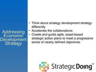 • Think about strategy development strategy 
differently 
• Accelerate the collaborations 
• Create and guide agile, asset-based 
strategic action plans to meet a progressive 
series of clearly defined objectives 
Addressing 
Economic 
Development 
Strategy 
 