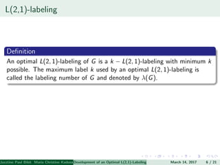 L(2,1)-labeling
Deﬁnition
An optimal L(2, 1)-labeling of G is a k − L(2, 1)-labeling with minimum k
possible. The maximum label k used by an optimal L(2, 1)-labeling is
called the labeling number of G and denoted by λ(G).
Jazztine Paul Bibit Maria Christine Kadusale Marc Christian Satuito Ma. Jomelyn Ylen (Department of Mathematics PolytechnicDevelopment of an Optimal L(2,1)-Labeling Scheme for Triangular Windmill GraphMarch 14, 2017 6 / 21
 